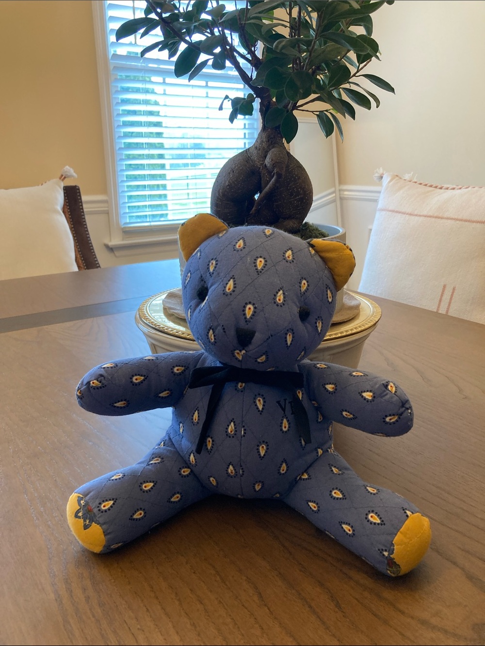 Vera Bradley Blue and Yellow Patterned Teddy Bear Accent Pillow